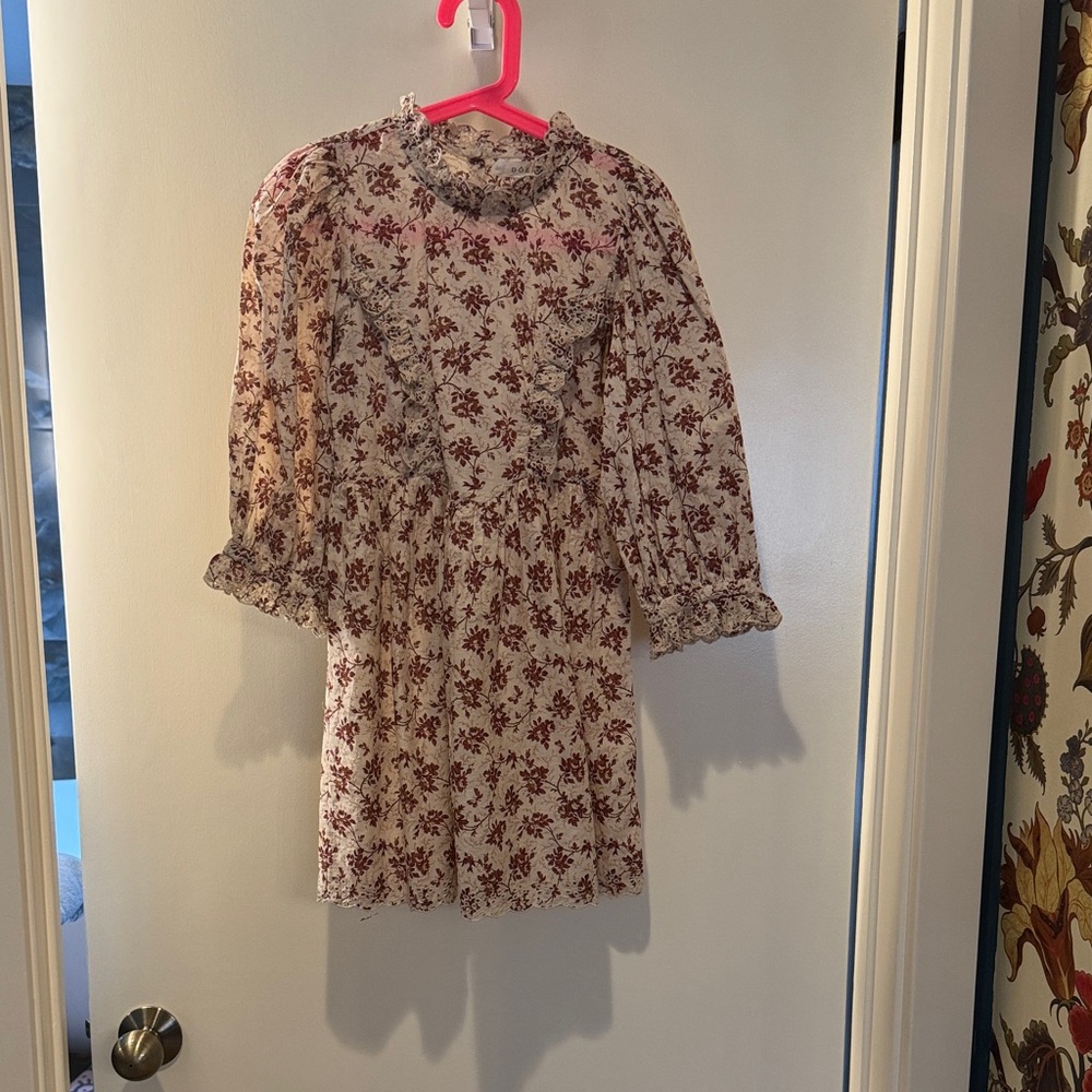 Doen Floral Ruffle Neck Mini Dress - Cream & Burgundy - w/ matching Mom dress